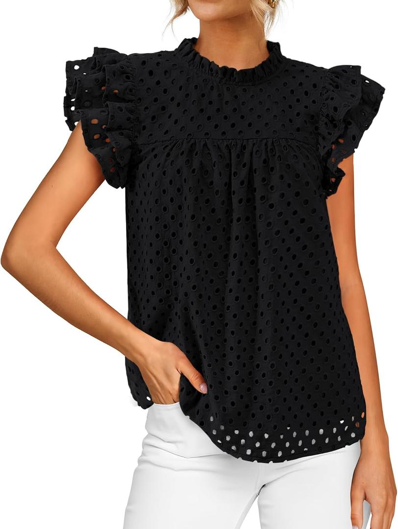 BTFBM Casual Summer Tops for Women 2026 Short Ruffle Sleeves Shirts Crew Neck Hollow Out Lace Embroidered Blouses, S