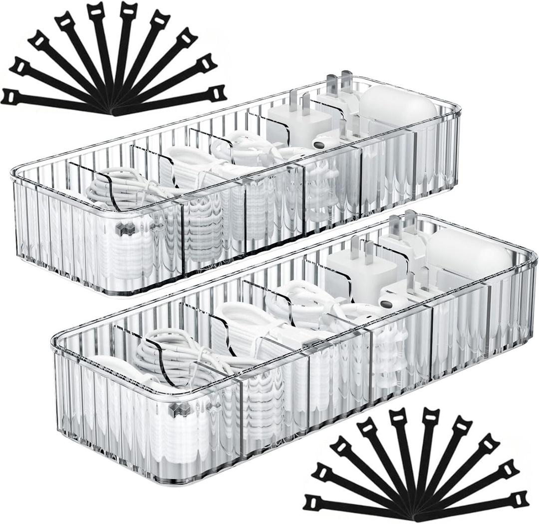 Cable Storage Boxes Organizers 2 Pack, Cord Charger Storage Organizer Box Case with 20pcs Cable Ties, Stackable, Clear