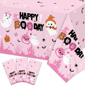 Halloween Pink Birthday Decoration Happy Boo Day Tablecloth, 3-Piece Pink Ghost Pumpkin Plastic Booday Tablecloth, Boo Day Table Cover for Halloween Birthday Baby Shower Decorations