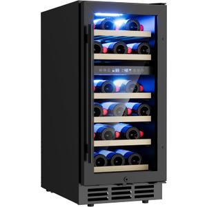 15 Inch Under Counter Refrigerator, 29 Bottle Dual Zone  Fridge for Built-In or Freestanding Use, Features Removable Shelves and Glass Door, Small Refrigerator for Home or Office (Black)