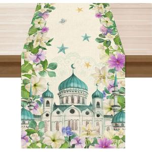 XCHI Flowers Castle Stars Ramadan Mubarak Table Runner Table Decoration for Party Home Kitchen Dining Holiday Decor 13x120 Inch