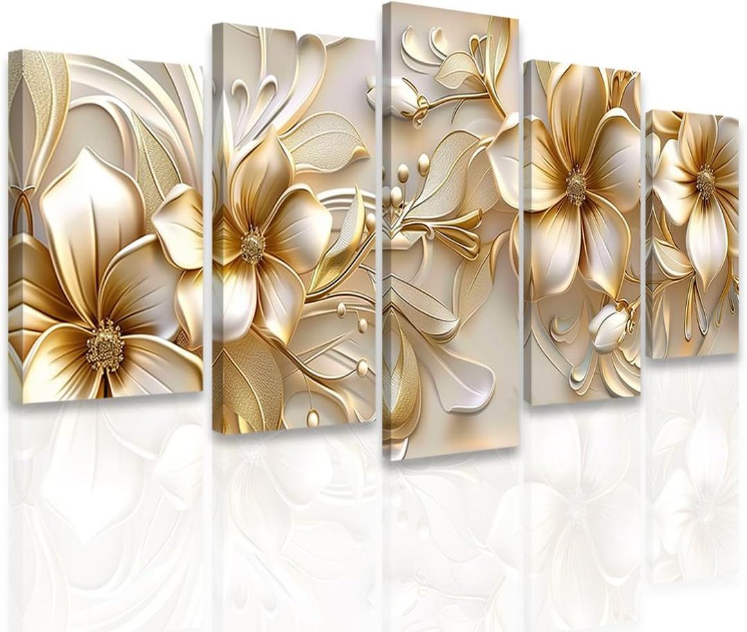 DOARTDO 5 Panel Flower Canvas Wall Art Gold Floral Picture Large Abstract Flower Painting Prints for Living Room Bedroom Decor Framed (8x14inx2 8x18inx2 8x22inx1)