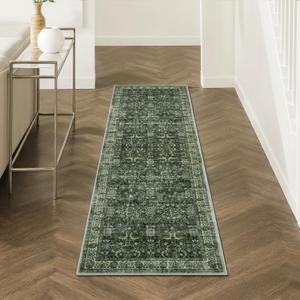 Anidaroel Runners for Hallways 2x6 Non Slip, Washable Kitchen Runner Rug, Vintage Boho Runner Rug, Soft Indoor Throw Carpet Runners for Laundry Room Entryway, Dark Green
