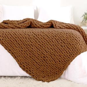 YAAPSU Chunky Knit Throw Blanket for Couch, 51"x63", 100% Hand Knitted Thick Cable Knit with Cozy Jumbo Chenille Yarn, Soft Large Rope Knot Crochet Blankets for Sofa Bed Living Room Dcor, Caramel