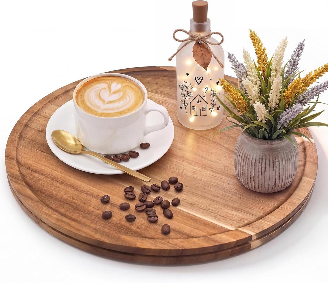 14.9" Wooden Decorative Serving Tray for Coffee Table and Home Decor, Large Round Wood Tray for Table Centerpiece, Ottoman Tray,Kitchen Counter Island，Circle Candle Holder Decor Trays