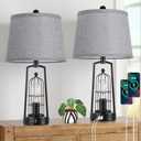Farmhouse Table Lamps with 2 USB Ports, Set of 2 Rustic Industrial Desk Lamp for Living Room, 2-Light Black Bedside Lamp, Bedroom Nightstand Lamp with Gray Lampshade for House Decor, Reading