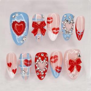 30Pcs Valentines Press on Nails Medium Almond French Tip Fake Nails with 3D Bow Rhinestones Design Heart Red Lips False Nail Pink Blue Cute Almond Tips Acrylic Nails Full Cover Glue on Nail for Women