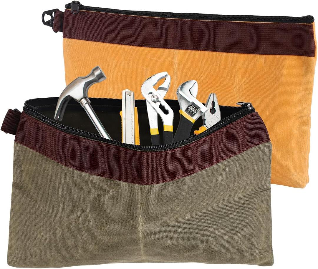 2pcs Tool Pouch, Heavy-Duty Waxing Canvas Tool Bag with Waterproof Zipper Tools Storage Bag for Storing Cable Equipment and Supplies (Yellow, Green)