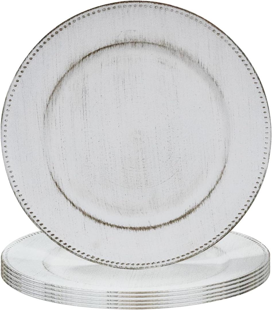 MAONAME 13" Round Charger Plates Set of 6, Antique White Plate Chargers, Plastic Charger for Dinner Plates, Beaded Table Chargers for Wedding, Party