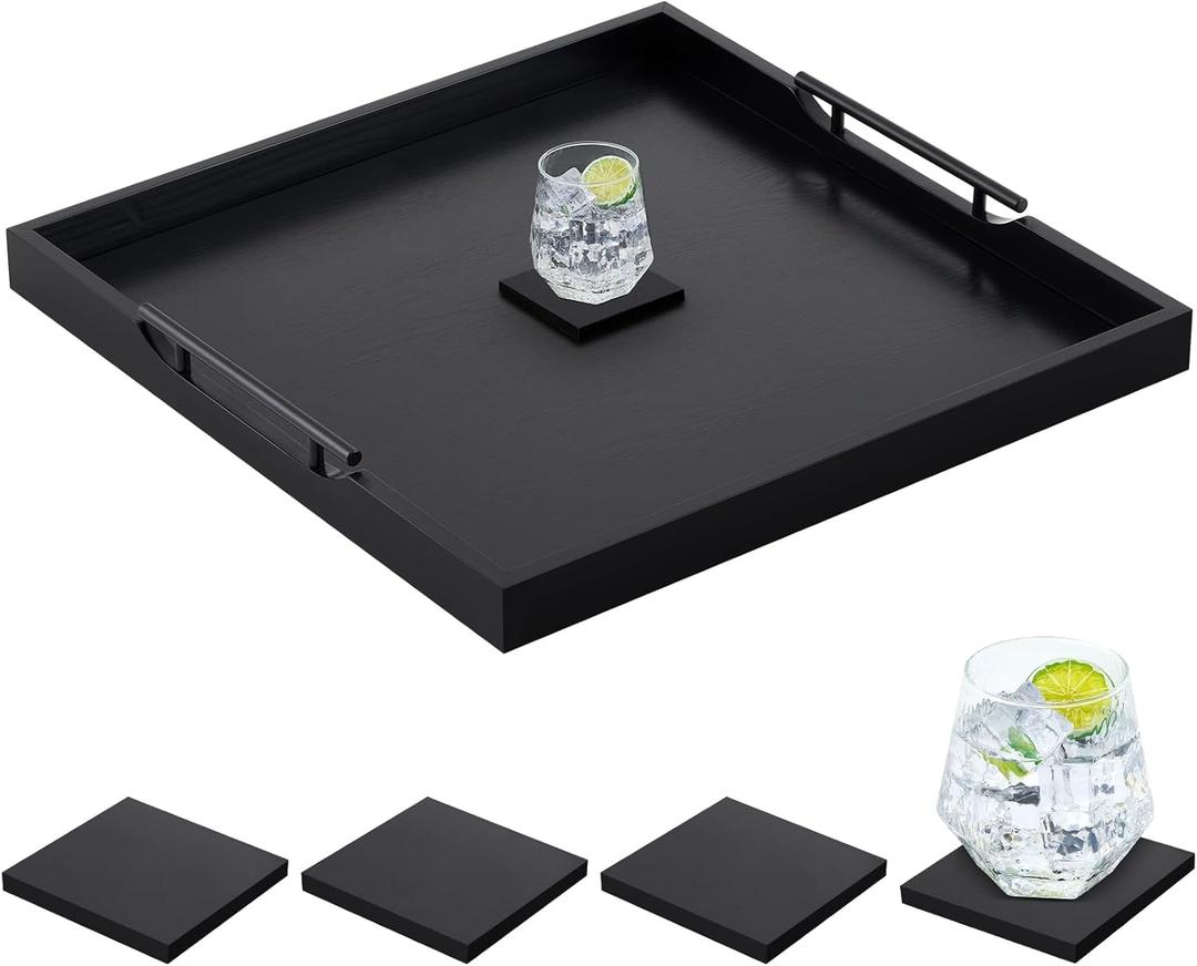 Remagr 24'' Square Extra Large Ottoman Tray, Wood Serving Tray with 4 Coasters and Metal Handles Decorative Coffee Table Platter for Living Room Sofa Food Tea Server Housewarming Home Gift(Black)