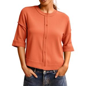 Saodimallsu Womens 3/4 Sleeve Cardigan Sweaters Button Down Crewneck Knit Cropped Tops Casual Fall Outerwear Orange (Orange, XL)