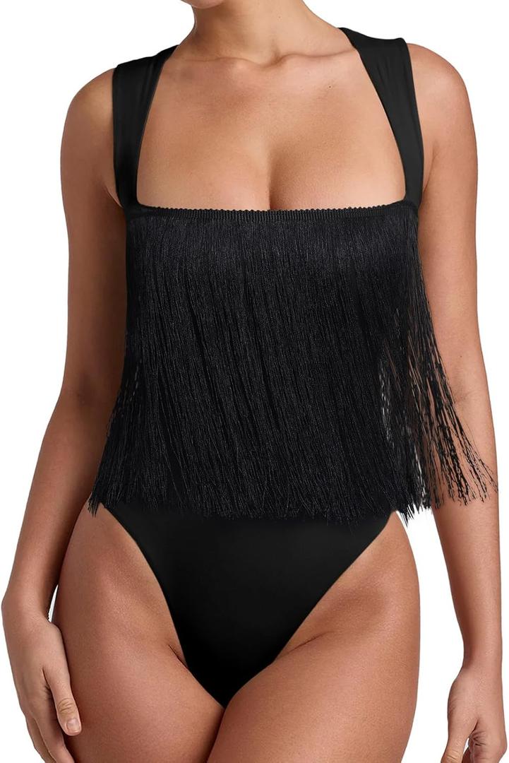 REORIA Butsmooth Womens Sexy Sleeveless Square Neck Double Lined Basic Bodysuit Tank Tops (Black Fringe), Medium