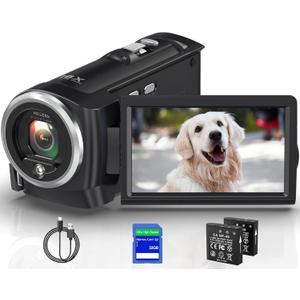 2.7K Video Camera Camcorder QHD 56MP YouTube Vlogging Camera Webcam 16X Digital Zoom with 32G SD Card 270 Degree Rotation Screen Camcorders and 2 Batteries Recording While Charging