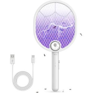 Buzbug Electric Fly Swatter, Type-C Rechargeable Mosquito Swatter, Foldable, Dual Handheld and Auto Zap Mode, 3800V Powerful Instant Bug Zapper Racket, Mosquito Bat for Indoor Outdoor Camping -WD956A (Normal-White)