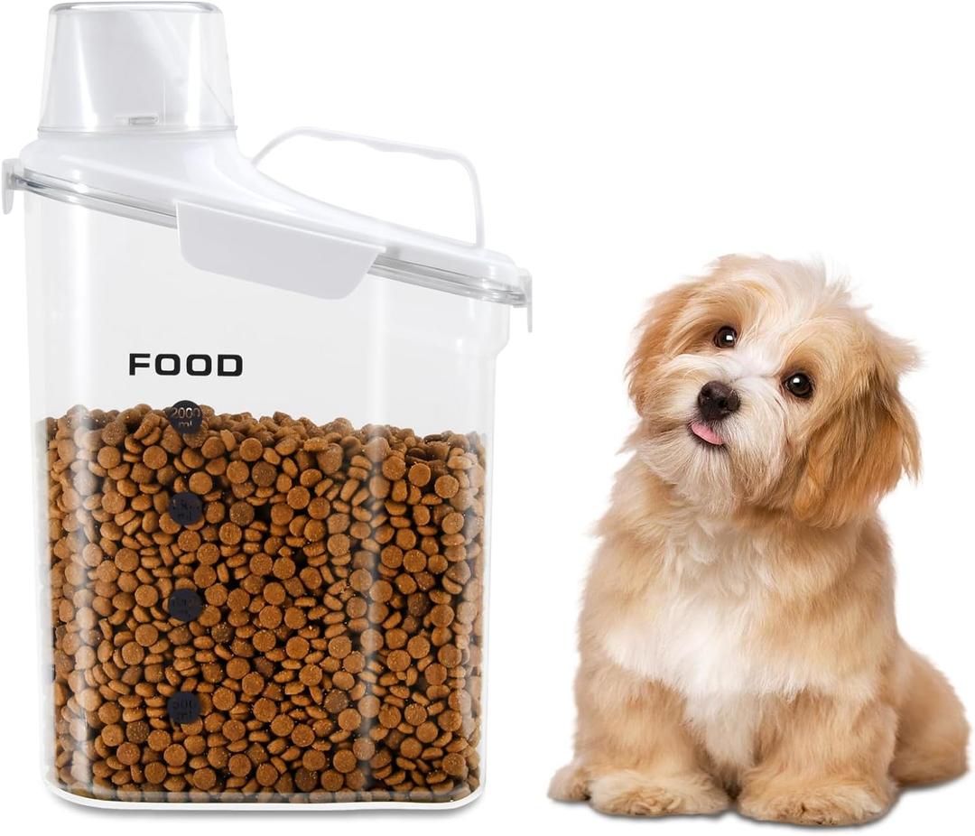 Dog Food Container, 3-5 Lb Dog Food Storage Containers with Airtight,Thicken the Lid, Large Pour Spout Cat Food Container with Measuring Cups,Portable Travel PetFood Storage Container (White)