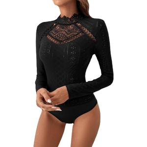 OYOANGLE Women's Elegant Lace Long Sleeve Mock Neck Embroidery Slim Fit Bodysuit Tee Tops (Medium, Black)