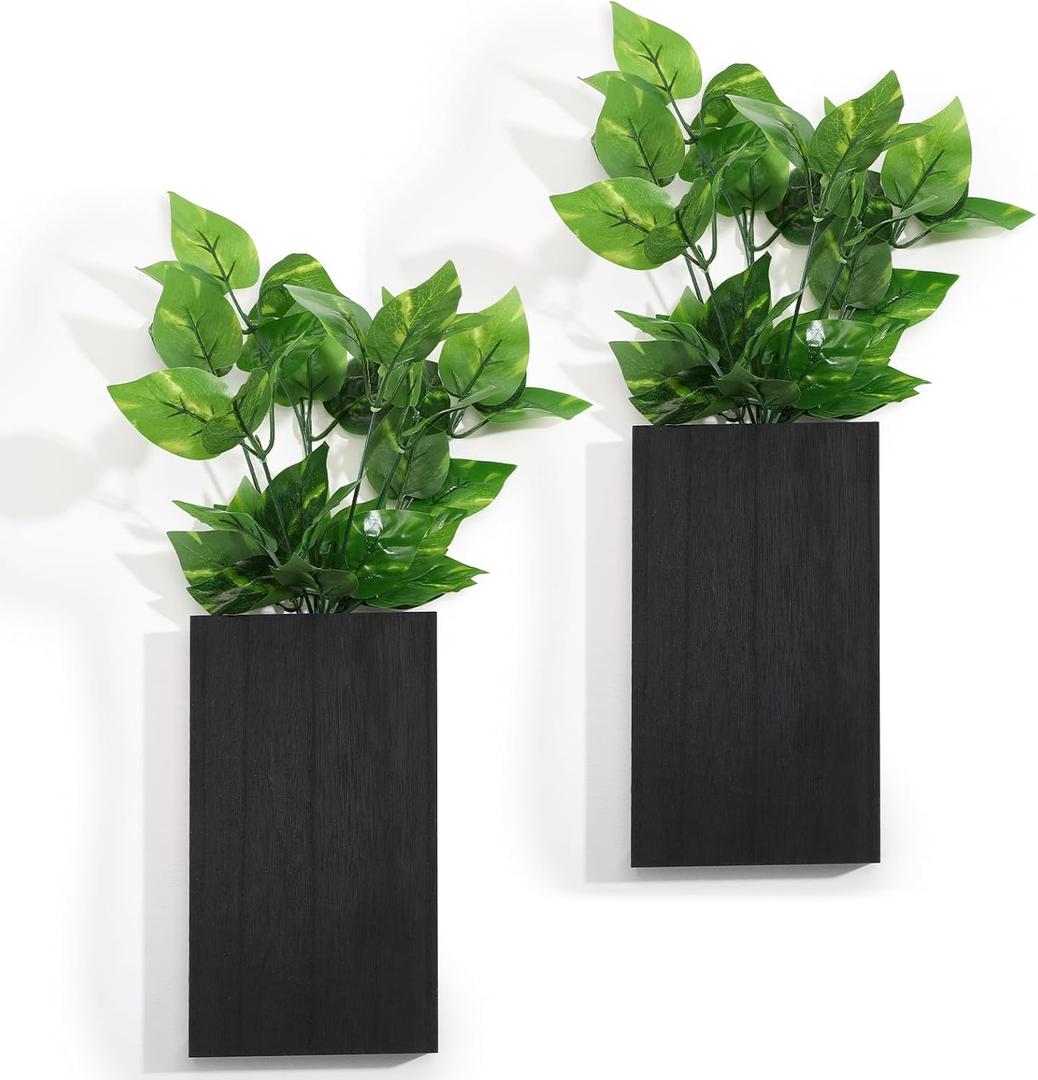 Vesici Wood Wall Planter Vase with Artificial Plants Indoor Plants Holder Pocket Farmhouse Wooden Wall Flower Vase Hanging Plant Decor for Bedroom Kitchen Office Home(2 Pcs,Green Plants)