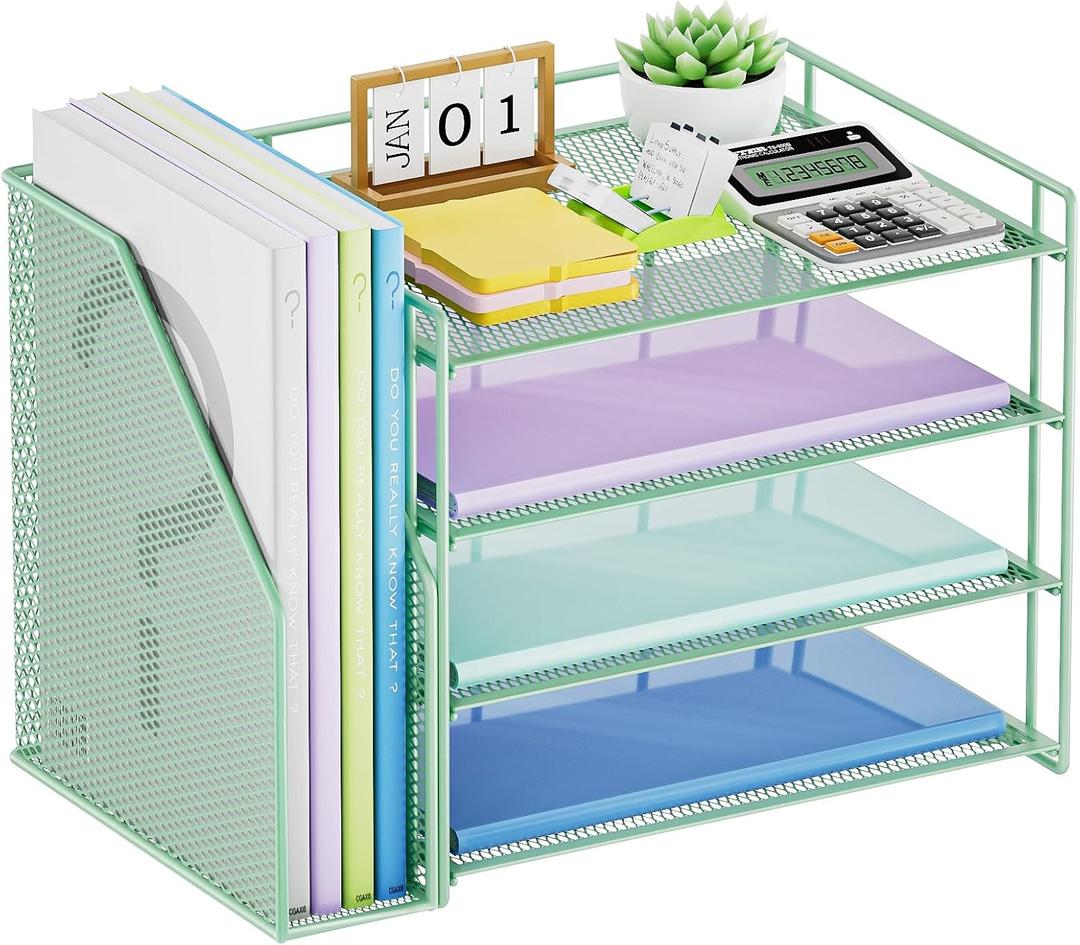 Marbrasse Desk Organizer and Accessories4-Tier Paper Letter Tray Organizer with File HolderDesk Accessories & Workspace Desktop Organizers for School Home Office Supplies (Green)