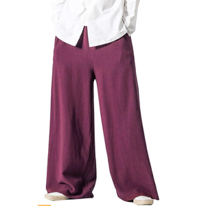 Flygo Mens Linen Pants Casual Wide Leg Baggy Pants Summer Cotton Elastic Waist Yoga Beach Palazzo Trousers, XXL