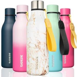 BJPKPK Insulated Water Bottles, 18 oz Stainless Steel Metal Water Bottle with Strap, BPA Free Leak Proof Thermos, Mugs, Flasks, Reusable Water Bottle for Sports & Travel, Marble-Amber