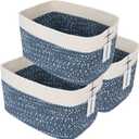 White and Blue Cotton Rope storage Basket Bins Woven Basket for Organizing Shelves 15X10X9.3 Rectangle Decorative Baskets For storage Books Towels Wicker Nursery basket organizer Set of 3