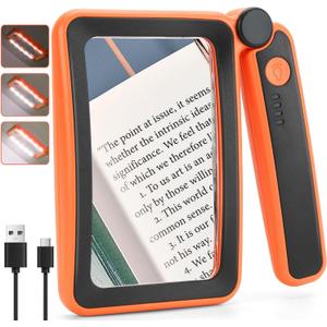 Rechargeable Magnifying Glass with Light for Reading, 5X Large Page Lighted Magnifier for Seniors Low Vision, Folding Handheld Rectangle Magnifier for Reading Small Print Orange-Black