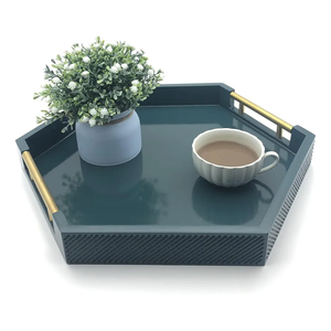 Serving Tray with Polished Metal Handles, Hexagon Coffee Table Tray, Modern Rectangle Decorative Tray, Large Ottoman Tray, Perfect for Storage and Display (Teal Hexagon)