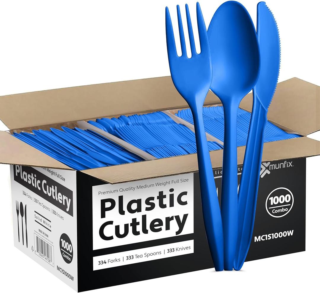 1000 Count Blue Silverware Set, 334 Plastic Forks, 333 Spoons, 333 Knives, Medium Weight BPA Free Disposable Cutlery Set, Bulk Combo Pack Flatware Set for Party Supplies