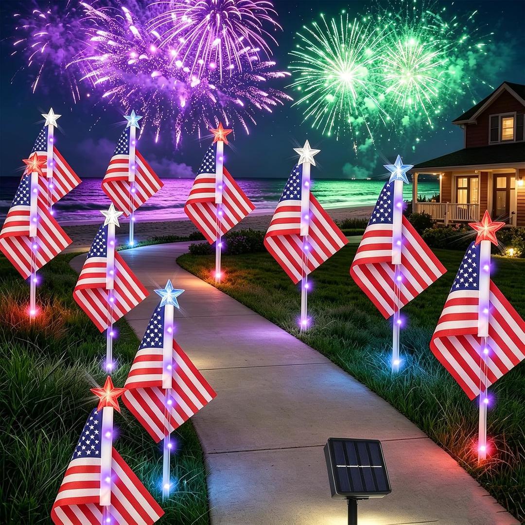 8 Pack Solar American Flag Pathway Lights, 4th of July Outdoor Decor American Flag Lights, Patriotic Red White Blue Outdoor Stake Waterproof LED, Independence Day Yard Garden