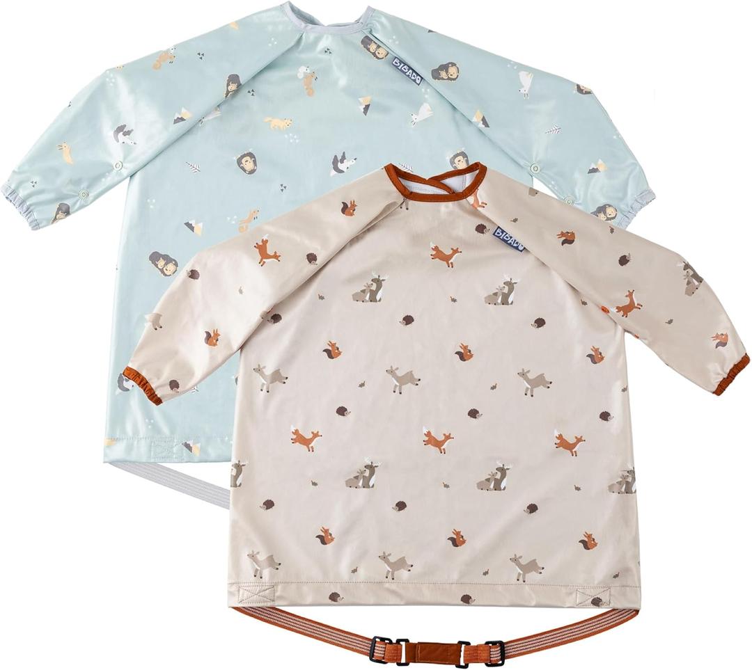 BIBaDO - Long Sleeve Baby Bibs - Babies & Toddlers 6-36 Months - Coverall Baby Led Weaning Bib - Easy Wipe, Soft & Waterproof (2 Pack, Arctic Amigos & Forest Friends)