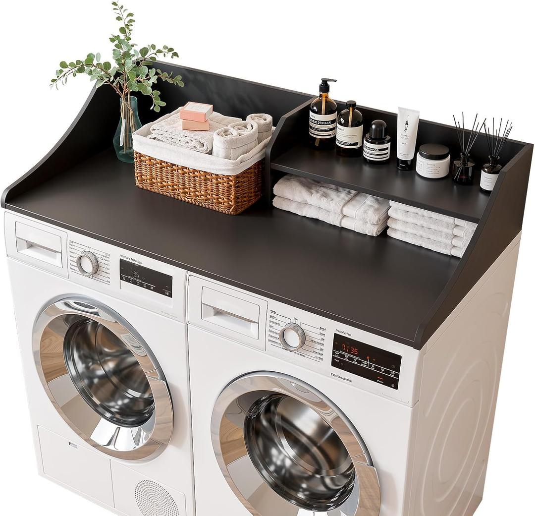 Memobarco 2 Tiers Washer Dryer Countertop, 54" Width x 27.5" Depth Laundry Countertop Organization, Wooden Washer and Dryer Topper for Folding, Sorting & Ironing, Easy to Install, Black, Two Tiers