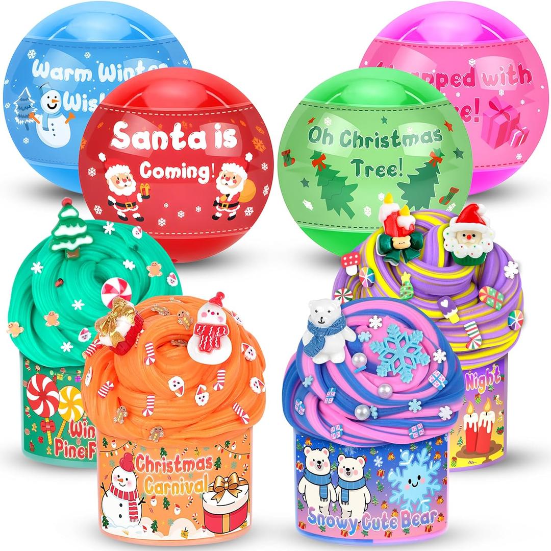 Joytry Christmas Stocking Stuffers, 4 Pack Butter Slime Balls Kit for Kids, Surprise Christmas Slime Gift with Cute Polar Bear Add-ins, Vibrant Colors, Non-Sticky Stress Relief Toy for Girls Boys