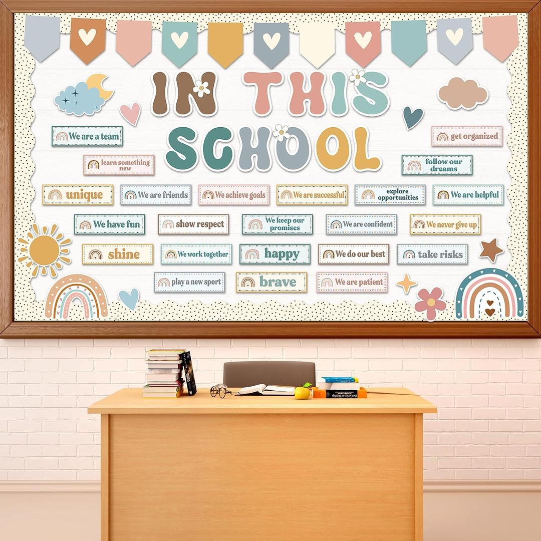 6 x 72Pcs Boho Affirmation Bulletin Board Set Motivational Paper Cutouts for Classroom Decorations in This School Bulletin Board Boho Inspirational Rainbow Wall Decors for School Home Classroom Decor, Mix