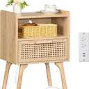 Lerliuo Rattan Nightstand with Charging Station, Boho Side Table with Drawer Open Shelf, Cane Accent Bedside End Table for Bedroom, Dorm and Small Spaces