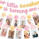 Our Little Sunshine Is Turning One Banner with 1st Birthday Photo Banner for Baby Newborn to 12 Months, Pink Yellow Sunshine 1st Birthday Decorations for Girls