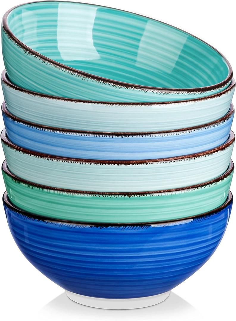 vancasso Bonita 27 Oz Cereal Bowls Set of 6, Blue Ceramic Bowls for Kitchen, 6 Inch Soup Bowls, Dishwasher & Microwave Safe (Cool Color)