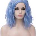 BUFASHION 14" Women Short Light Blue Wavy Curly Bob Wig Heat Resistant Synthetic Wig Halloween Cosplay Daily Party Wigs Include Wig Cap (Light Blue)