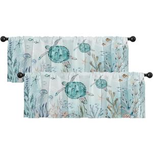 Emvency 2 Pack Valances Window Treatments, Summer Ocean Turtle Sea Teal Starfis Blackout Drapes Adjustable Curtain for Windows Living Room Kitchen Over Sink, 18x52 Inch Rod Pocket Valances