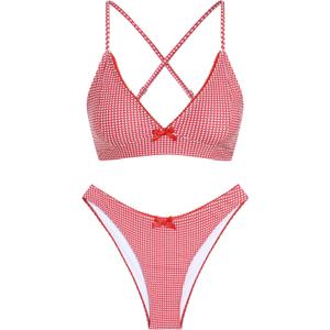 ZAFUL Women's V Neck Bikini Set High Waisted Swimsuits Lace Up Bow Decor Cheeky Two Piece Bathing Suit (Red, M)