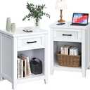 Farmhouse Nightstand with Charging Station & Large Storage, Set of 2 Modern End Tables with Outlets, USB Ports and Type-C Ports, Easy Assembly for Bedroom (Pure White)