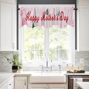 54x18 Inches Happy Mother's Day Window Treatment Valance Pink Roses Ribbon Green Leaves Petal Theme Polyester Fabric Decorations Supplies Kitchen Dining Room