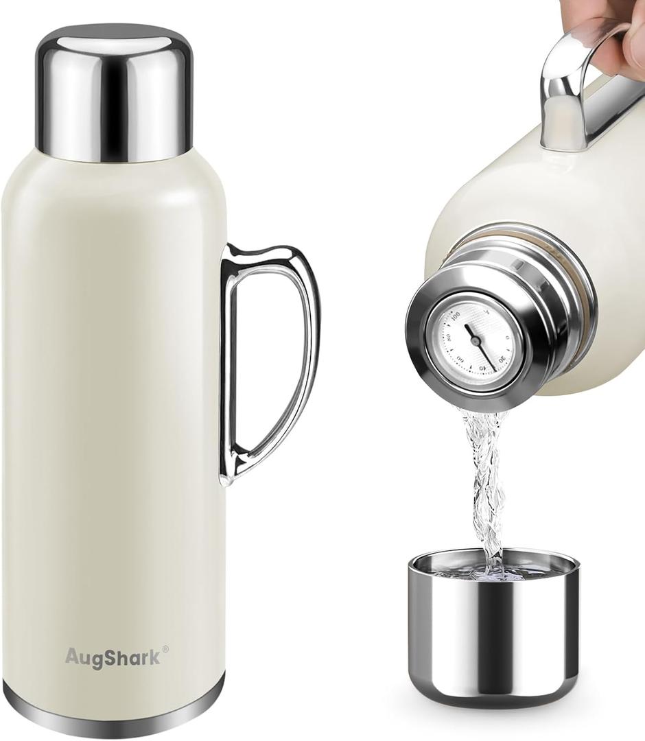 34 oz Insulated Water Bottle, Double Wall Vacuum Stainless Steel Water Flask Jug with Handle & Metal Mechanical Temperature Measuring Cup Lid, Leakproof Travel Bottle Keep Cold 36h Hot 24h (White)