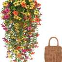 KTGOW 3 PCS Artificial Fake Hanging Flowers Plants with Basket for Spring Autumn Outdoor Outside Decoration, UV Resistant Faux Plastic Fabric Flower for Garden Porch Patio Balcony Yard Decor（Mix）