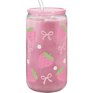 SANDJEST Strawberry 16 Oz Can Glass Tumbler with Acrylic Lid and Straw - Iced Coffee Cups for Women, Aesthetic Glass Cup Gift for Birthday Christmas