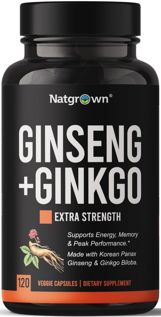 Natgrown Panax Ginseng & Ginkgo Biloba Supplement - Vegan - 120 Count (EXP 08/08/29)