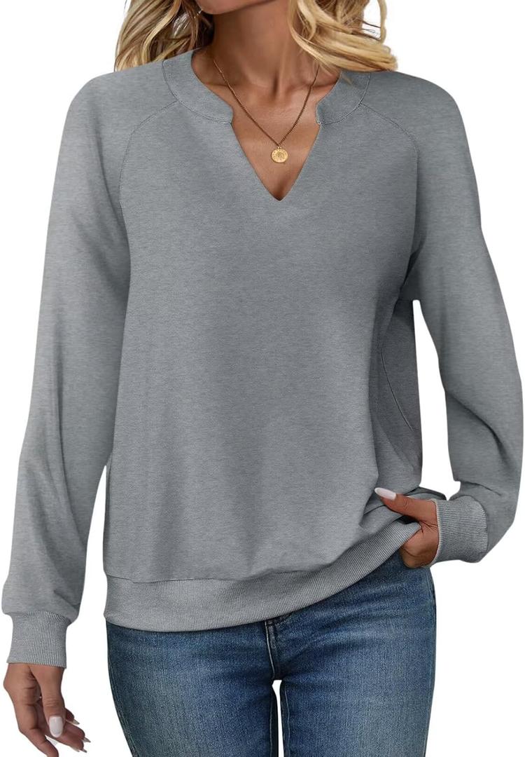 EADINVE Women Casual Long Sleeve V Neck Sweatshirts Cute Loose Fit Lightweight Pullover Tops (Large, Grey)