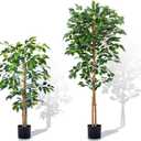 4Ft&5Ft Artificial Ficus Trees with Silk Leaves Fake Moss and Sturdy Nursery Pot, Fake Plants for Office Home Decor (4Ft&5Ft - 2Packs) (Green)