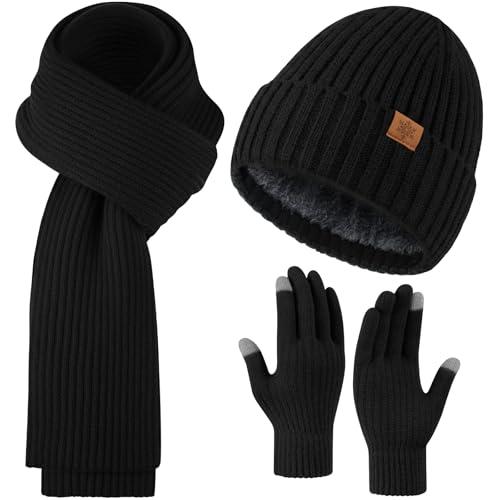 Winter Beanie Hat Scarf Gloves Set for Women, Slouchy Fleece Lined Womens Winter Hats Skull Cap, Knit Long Scarf Neck Warmer Touchscreen Gloves for Women Men, Warm 3 in 1 Set