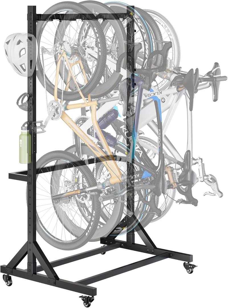 monTEK Freestanding Bike Storage Rack for 5 Bikes, Heavy Duty 350LBS Vertical Bike Stand with 5 Bike Hooks & 6 Helmet Hooks, Indoor and Outdoor Bike Storage Rack with Locking Casters