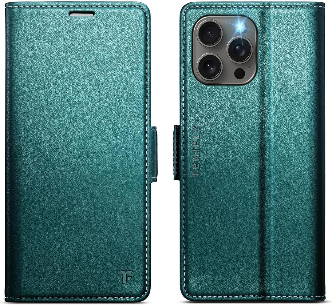 for iPhone 13 Pro Case Wallet with RFID Blocking Card Holder, PU Leather Kickstand Protective Flip Phone Cover Fit for iPhone 13 Pro 6.1", Bluish Green